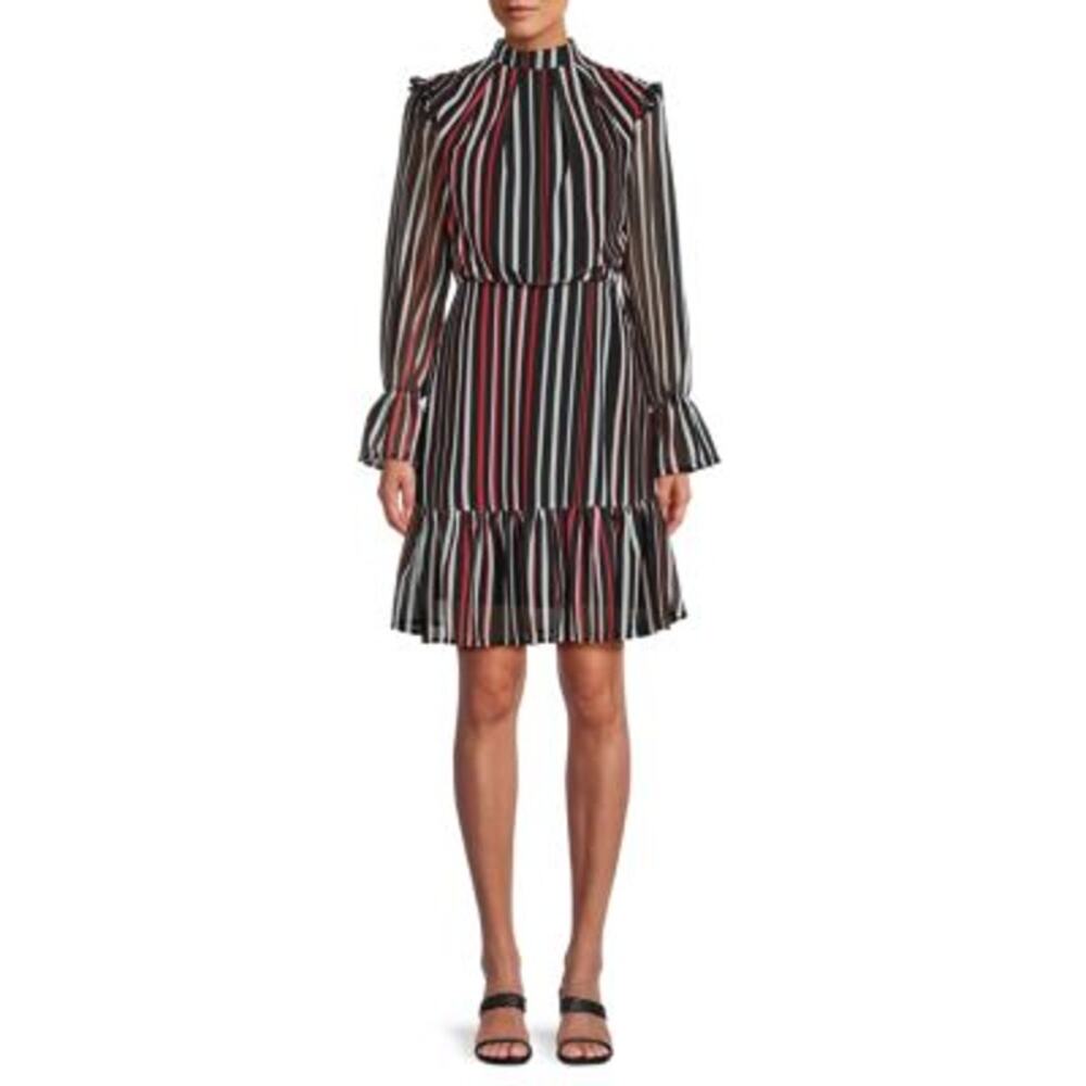 NWT Area Stars Black White Red Striped Mock Neck Long Sleeves To Knee Dress S‎